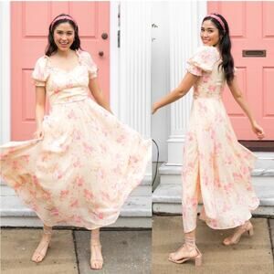 Ivy City Co Cassidy Puff Sleeve Pastel Yellow Pink Floral Print Midi Dress XXS